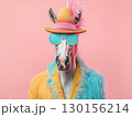 Creative Portrait of a Pink and Rainbow Clad Horse on Soft Background 130156214
