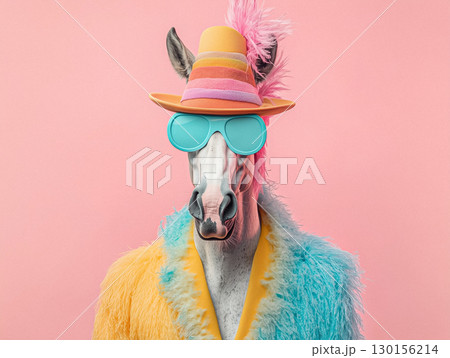 Creative Portrait of a Pink and Rainbow Clad Horse on Soft Background 130156214