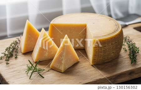 Rustic aged parmesan cheese wheel with slices and fresh herbs on a wooden board 130156302