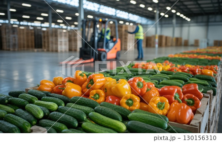 Fresh cucumbers and colorful bell peppers in crates at a modern food distribution warehouse 130156310