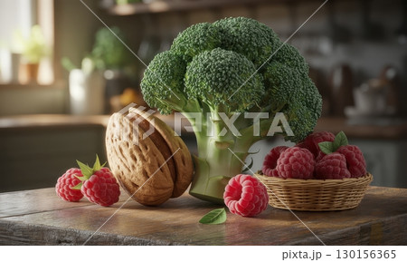 Fresh oversized broccoli, giant almond, and plump raspberries on a rustic wooden table Fresh oversized broccoli, giant almond, and plump raspberries on a rustic wooden table 130156365