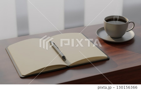 Open blank notebook with pen and steaming coffee cup on wooden desk by window 130156366