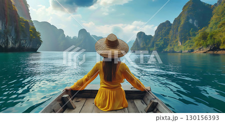 Woman tourist in hat on the boat at lake background, World Tourism Day - Ai Generated 130156393