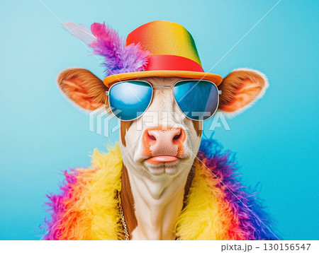 Quirky Cow Wearing Colorful Accessories With a Fun Vibrant Backdrop 130156547