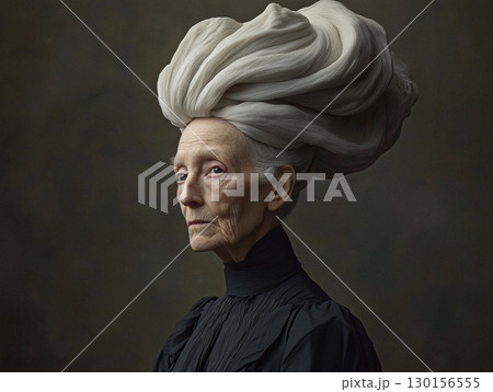 Mysterious Portrait of an Elderly Woman with Dramatic Cloudlike Hairstyle 130156555