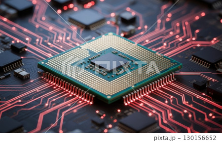 Close up of a central processing unit on a circuit board with glowing red data pathways 130156652