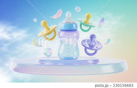 Whimsical baby bottle and three floating pastel pacifiers with feathers and bubbles 130156665