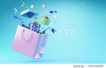Open pastel pink shopping bag with floating gift boxes, blue ribbons, and festive elements 130156666