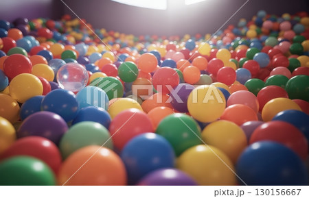 Vibrant colorful plastic balls filling a playful ball pit with a single transparent sphere 130156667