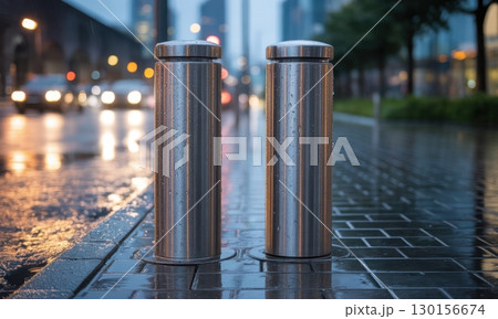 Two stainless steel bollards on wet urban pavement with reflective city lights at night 130156674