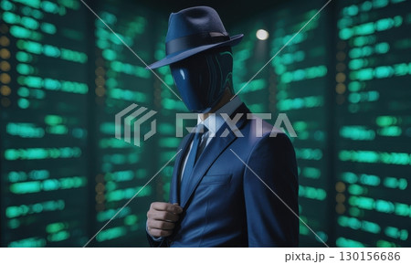 Mysterious cyber agent in suit, fedora, and mask against glowing digital data 130156686
