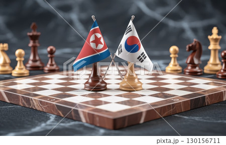 North korea and south korea flags representing geopolitical strategy on a chessboard 130156711