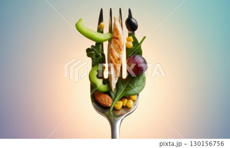 Healthy and diverse food items meticulously arranged on a fork for a balanced diet concept 130156756