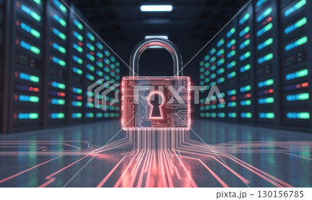 Cybersecurity concept with a glowing digital lock in a modern data center 130156785