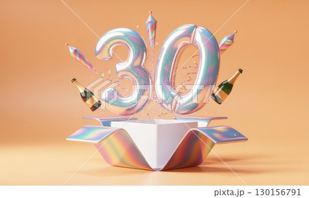 Shiny holographic number 30 emerging from an open gift box with festive party elements 130156791