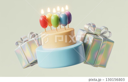 Vibrant birthday cake with lit candles and holographic gift boxes celebration 130156803