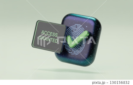 Biometric fingerprint scanner icon with green checkmark and access granted notification Biometric fingerprint scanner icon with green checkmark and access granted notification 130156832