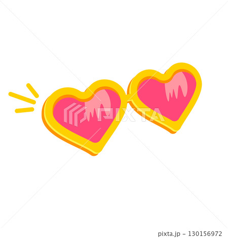 Yellow heart shape sunglasses with pink lens isolated on white background. Cartoon funny kids summer heart sunglasses icon, label and sign. Sunglasses vector graphic illustration 130156972