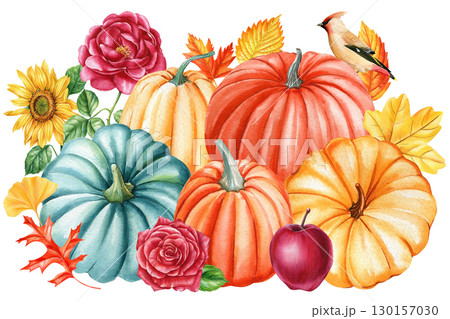 set of autumn pumpkins, flowers and bird painted watercolor isolated on white background. Arrangement in rustic style set of autumn pumpkins, flowers and bird painted watercolor isolated on white background. Arrangement in rustic style 130157030