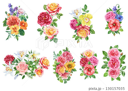 Set of watercolor floral illustrations for wedding invitation, birthday, card, design, print and fabric. Flower and leaf 130157035