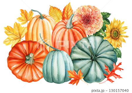 Pumpkins, dahlia flowers and leaves painted by hand in watercolor isolated on white background.  130157040