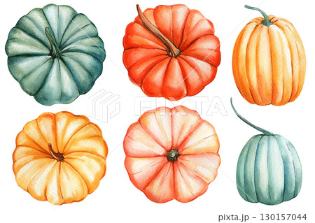 Pumpkins on isolated white background, autumn set on isolated white background, watercolor illustration hand drawn Pumpkins on isolated white background, autumn set on isolated white background, watercolor illustration hand drawn 130157044