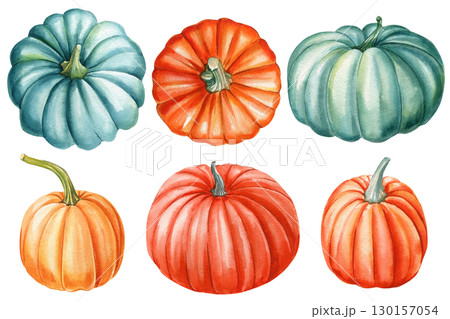 Watercolor Pumpkins, autumn colorful set on isolated white background, watercolor illustration hand drawn Watercolor Pumpkins, autumn colorful set on isolated white background, watercolor illustration hand drawn 130157054