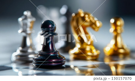 Close-up of elegant chess pieces with black knight and golden king on blurred background 130157070