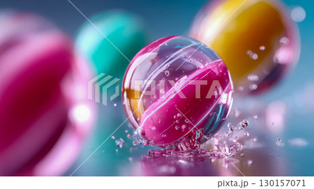 Glossy, multi-colored glass spheres with swirling patterns on a sparkling blue background 130157071