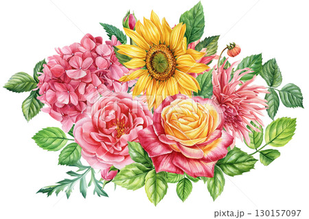 Colorful Flowers and leaves, floral illustration for invitation, birthday, card, design. Sunflower, hydrangea and rose 130157097