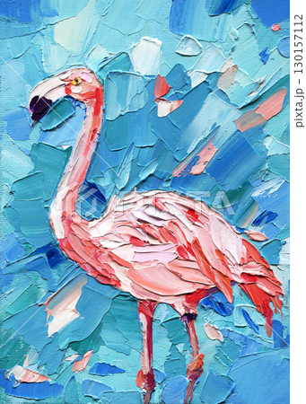 pink flamingo impasto oil painting on blue background tropical bird textured artwork exotic wildlife modern wall art summer decor 130157112