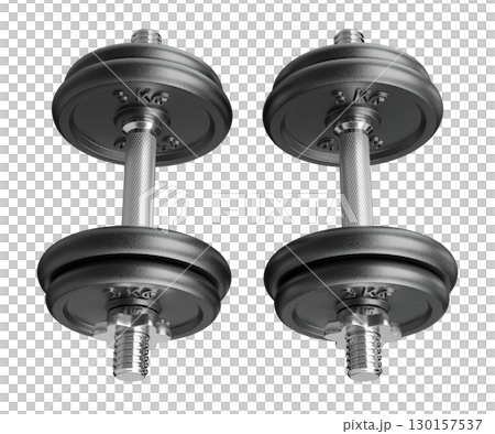 Pair of black adjustable dumbbells, weightlifting gym equipment, side view. Png clipart isolated on transparent background 130157537