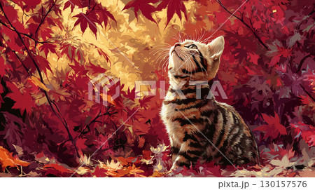 紅葉と子猫 130157576