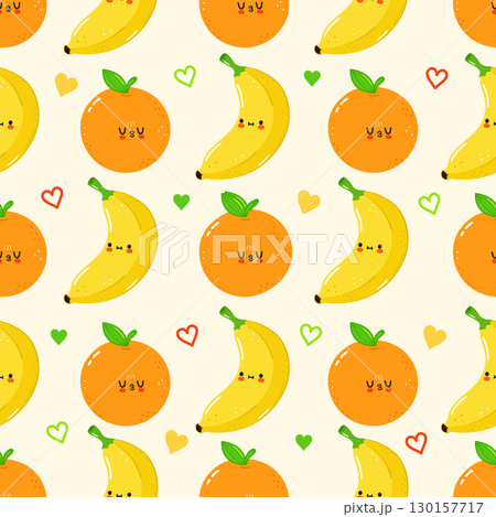 A cheerful seamless pattern of cute bananas and oranges with hearts on a cream backdrop. A cheerful seamless pattern of cute bananas and oranges with hearts on a cream backdrop. 130157717