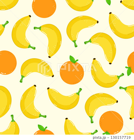A cheerful pattern of bananas and oranges creates a fun and vibrant design. 130157719