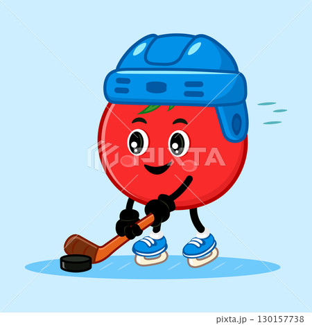 A cheerful cartoon tomato plays hockey with a smile on its face, full of fun 130157738
