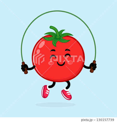 A cartoon tomato happily jumps rope, promoting healthy habits and fun activities. A cartoon tomato happily jumps rope, promoting healthy habits and fun activities. 130157739