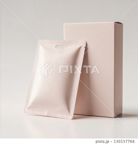 Light beige sachet pouch and cardboard box mockup with soft shadows on neutral background for minimalist skincare, supplement or cosmetic product branding 130157768