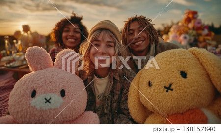 Diverse group of friends enjoying a sunset picnic with plush toys Diverse group of friends enjoying a sunset picnic with plush toys 130157840