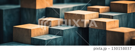 Abstract arrangement of cubic blocks creating a visually striking pattern in varying materials and tones 130158037