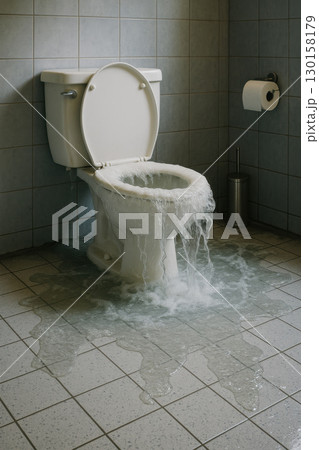 Overflowing toilet with water spilling onto tiled floor creating messy sanitation emergency in bathroom with gray tiles and toilet paper roll on wall Overflowing toilet with water spilling onto tiled floor creating messy sanitation emergency in bathroom with gray tiles and toilet paper roll on wall 130158179