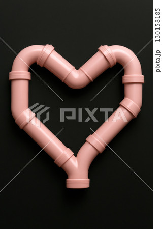 Pink PVC pipes arranged in shape of heart on sleek black background, symbolizing love and creativity in plumbing design. Minimal and modern art concept 130158185