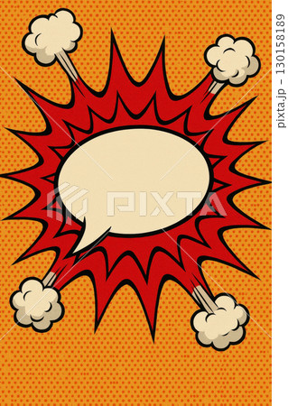 Retro comic book explosion frame with speech bubble in center red starburst background and cartoon smoke puffs create dynamic and energetic visual effect 130158189