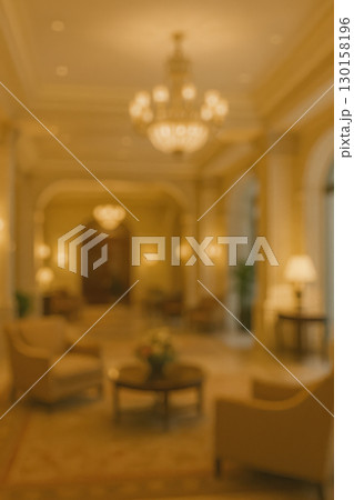 Soft blur of luxury hotel lobby with warm lighting elegant decor and welcoming atmosphere hospitality concept 130158196