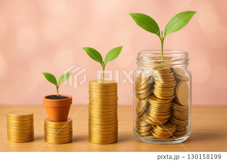 Stacks of gold coins with small plant seedlings growing from pots and glass jar symbolizing investment growth and financial success with soft pink bokeh background 130158199