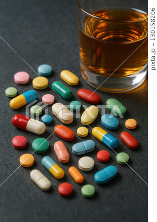Colorful pills and capsules scattered on dark surface near glass of amber liquid, symbolizing dangerous substance interaction and health risk concern 130158206
