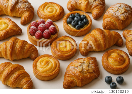 Assorted croissant and fruit tart pastries with raspberries and blueberries on white surface, golden brown flaky texture, fresh bakery treats for breakfast or snack 130158219