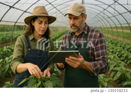 Farmers in greenhouse using tablet for crop inspection, sustainable agriculture, and smart farming technology concept showing teamwork and care for plants 130158253