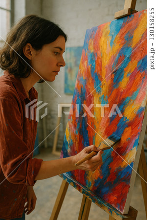 Female artist painting abstract colorful with bold strokes in contemporary art studio, expressing creative energy and focus on vibrant artwork creation 130158255