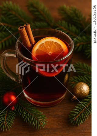 Festive mulled wine in glass mug with orange slices and cinnamon sticks surrounded by pine branches and Christmas ornaments creating cozy winter atmosphere 130158256